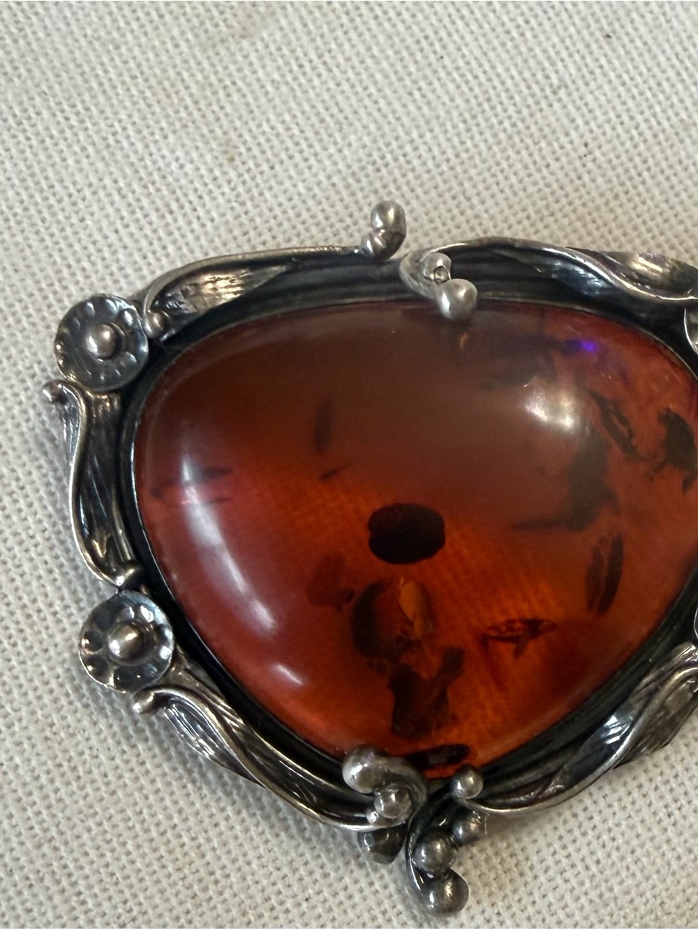 Vintage Amber Sterling Floral Pendant - Deep Cognac Amber